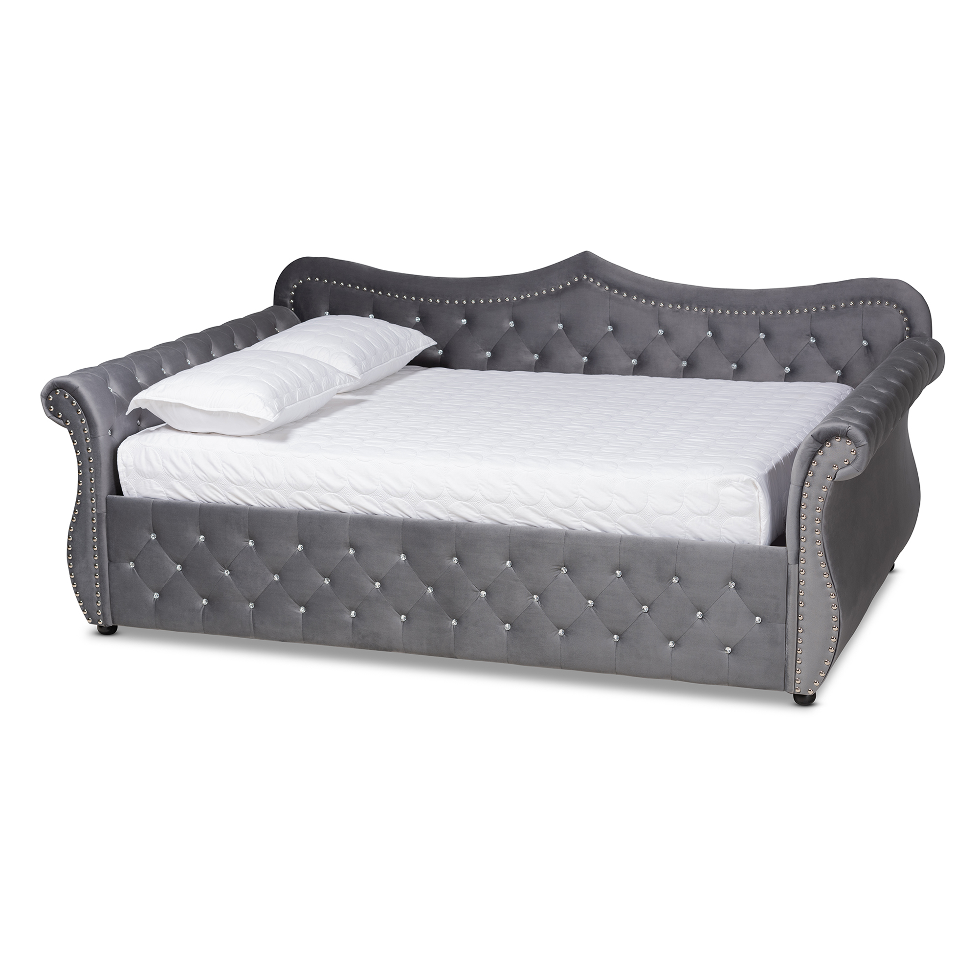 Baxton Studio Abbie Traditional and Transitional Grey Velvet Fabric Upholstered and Crystal Tufted Queen Size Daybed